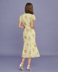 Yellow V Neck Floral Mermaid Midi Dress